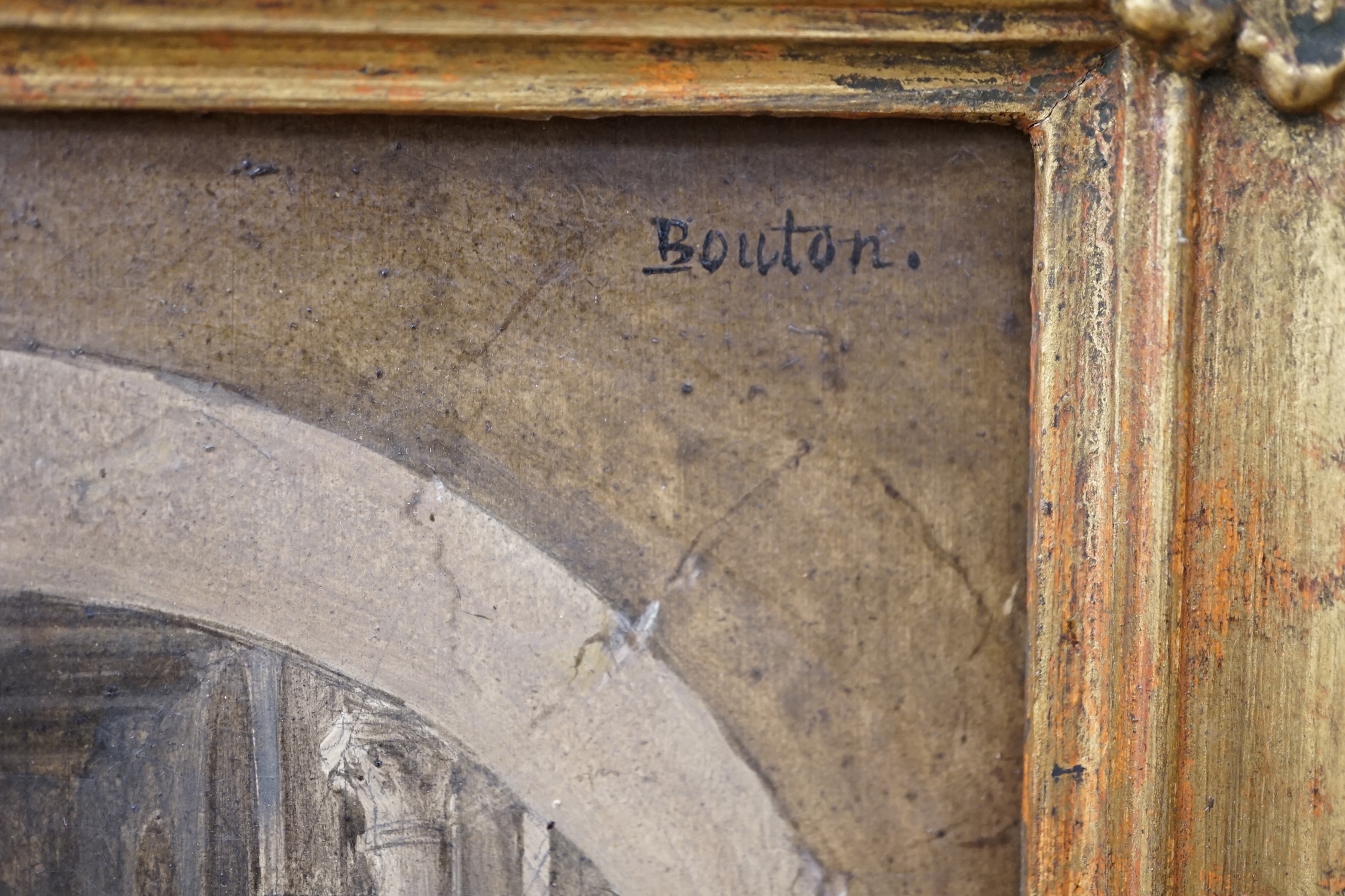 Charles Marie Bouton (French, 1781-1853), oil on board, Cathedral interior with kneeling figure, signed, 21.5 x 16.5cm. Condition - good